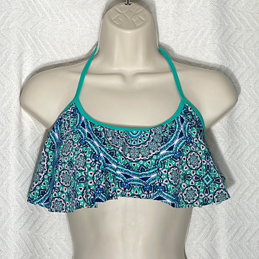 Jessica Simpson Halter Bikini Top Gypsy Life Flounce Teal multi, Large